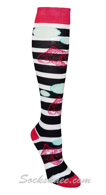 White Black Striped Women Fish Knee High Socks - Click Image to Close