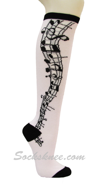 White Knee High Fashion Socks with Music Notes/Symbol - Click Image to Close