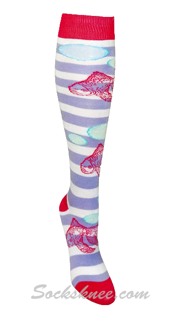 White Lavender Striped Women Fish Knee High Socks - Click Image to Close