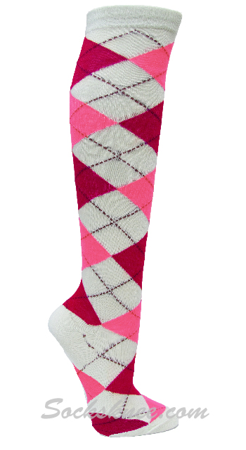 White / Hot Pink / Pink Argyle Knee High Socks