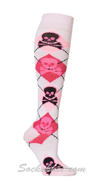 Skulls White Women Light Pink Hot Pink Argyle Knee High Socks - Click Image to Close