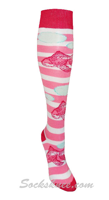 White Pink Striped Women Fish Knee High Socks - Click Image to Close