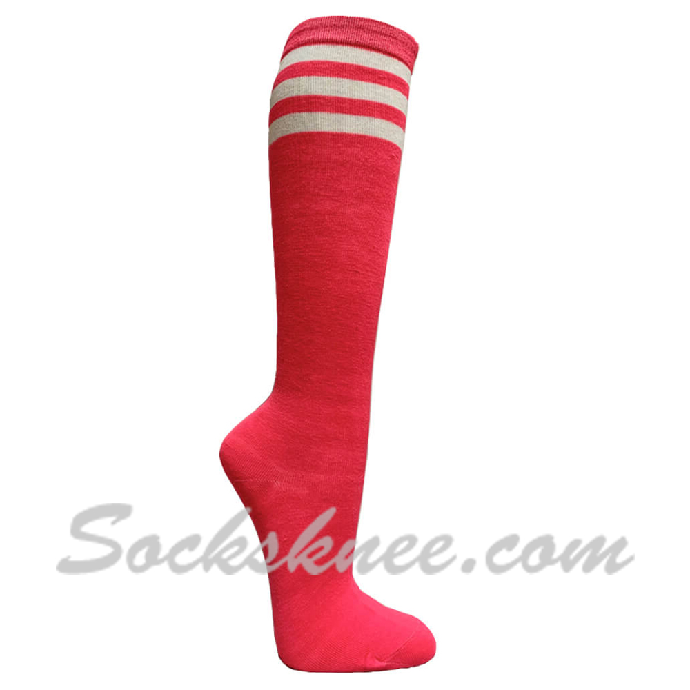 Women's Bright Pink with 3 White Stripes Knee High Socks - Click Image to Close