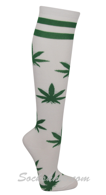 White Women's Knee High Fashion Socks with Green Marijuana Weed Leaves / Stripes - Click Image to Close