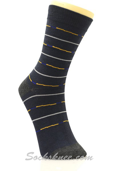 White Yellow Blue Lines in Navy Mens Dress Socks - Click Image to Close
