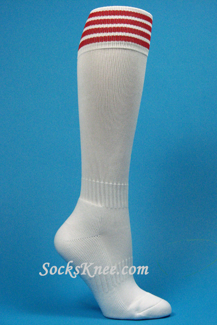 White and Red Kid/Youth Football Sport High Socks - Click Image to Close