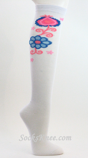 Women's White Knee Socks with Flower - Click Image to Close