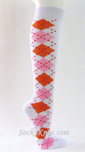 White Orange Pink Women's Argyle Knee Socks - Click Image to Close