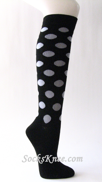White Polka Dots Black Knee Socks for Women - Click Image to Close