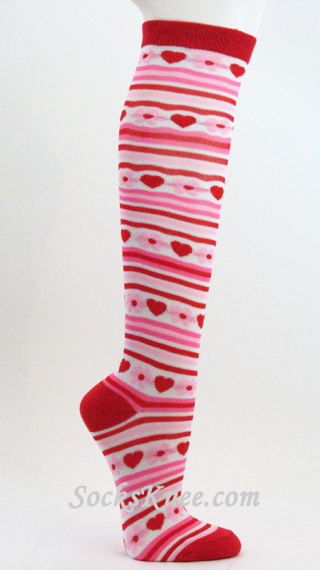 White Red Pink Knee Socks with Hearts & Flowers - Click Image to Close