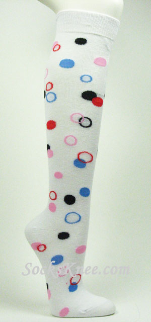White Womens Polka Dots Knee High socks - Click Image to Close