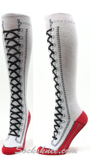 White Lace-up Boots design kids youth high knee socks - Click Image to Close