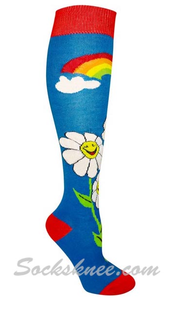Rainbow & Flower Blue Women Knee High Fashion Socks - Click Image to Close