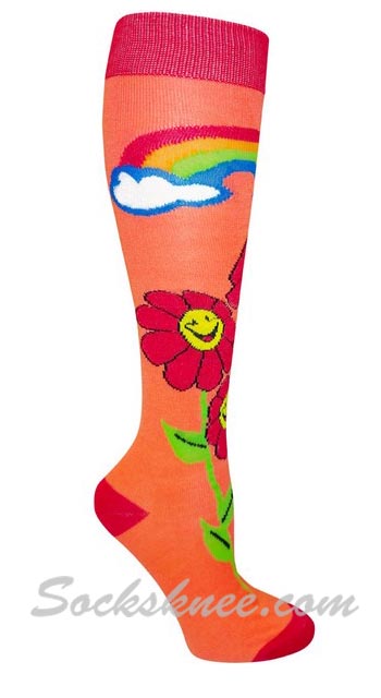 Rainbow & Flower Carol Women Knee High Fashion Socks