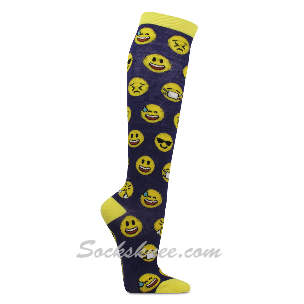 Women's Girls Colorful Emoji Emoticon Face Printed Knee High Socks - Click Image to Close