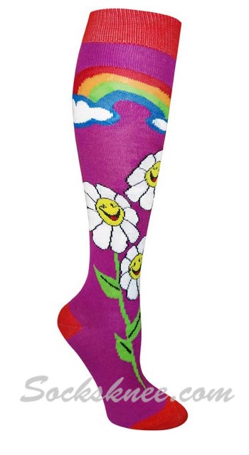 Rainbow & Flower Purple Women Knee High Fashion Socks - Click Image to Close