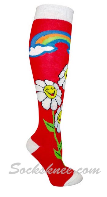 Rainbow & Flower Red Women Knee High Fashion Socks - Click Image to Close