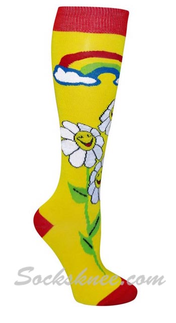 Rainbow & Flower Yellow Women Knee High Fashion Socks - Click Image to Close