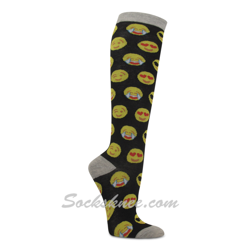 Women's Emoji Print Novelty Black Knee High Socks - Click Image to Close