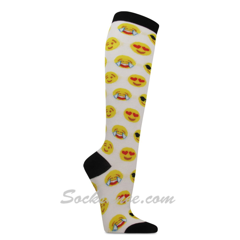 Women's Emoji Print Novelty White Knee High Socks