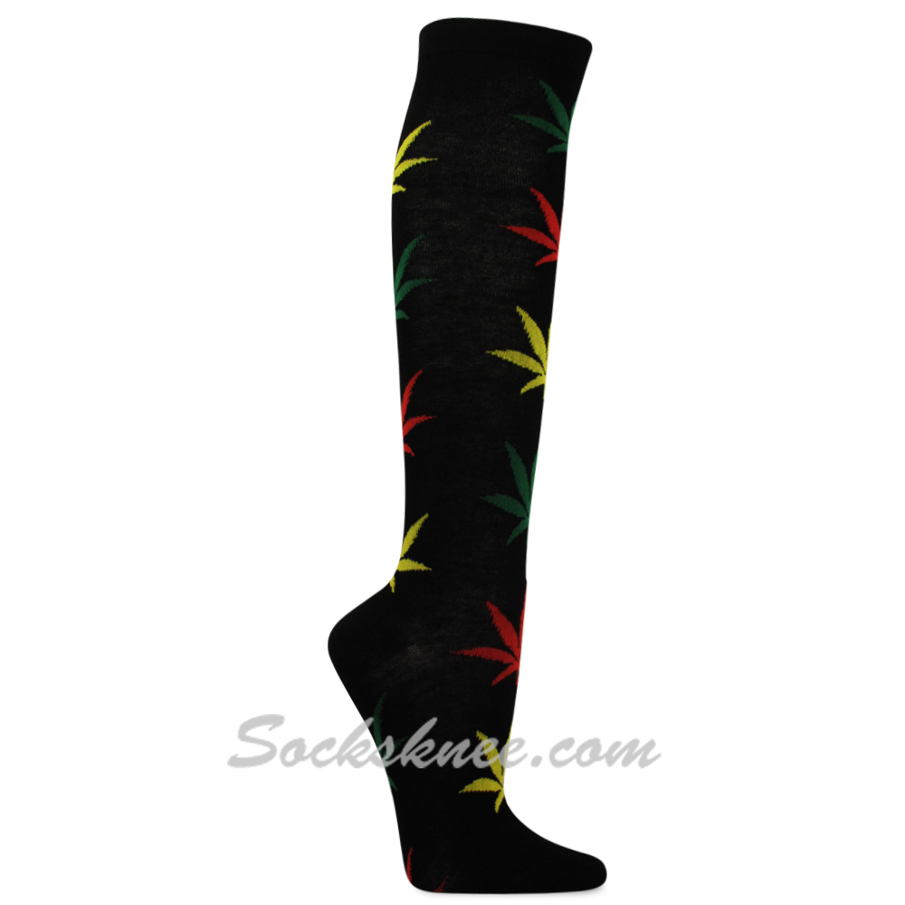 Women's Rasta Color Marijuana Weed Leaf Black Knee High Fashion Socks