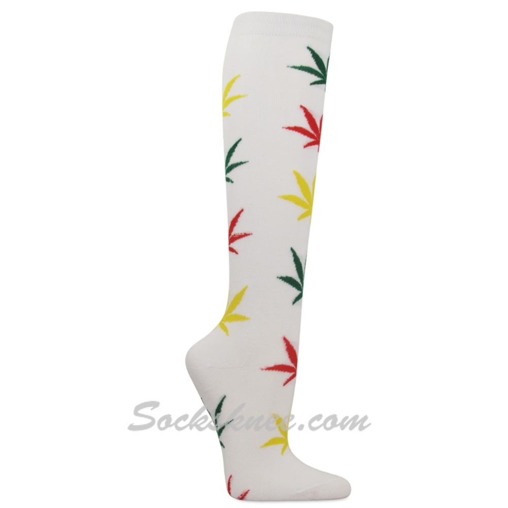 Women's Rasta Color Marijuana Weed Leaf White Knee High Fashion Socks - Click Image to Close