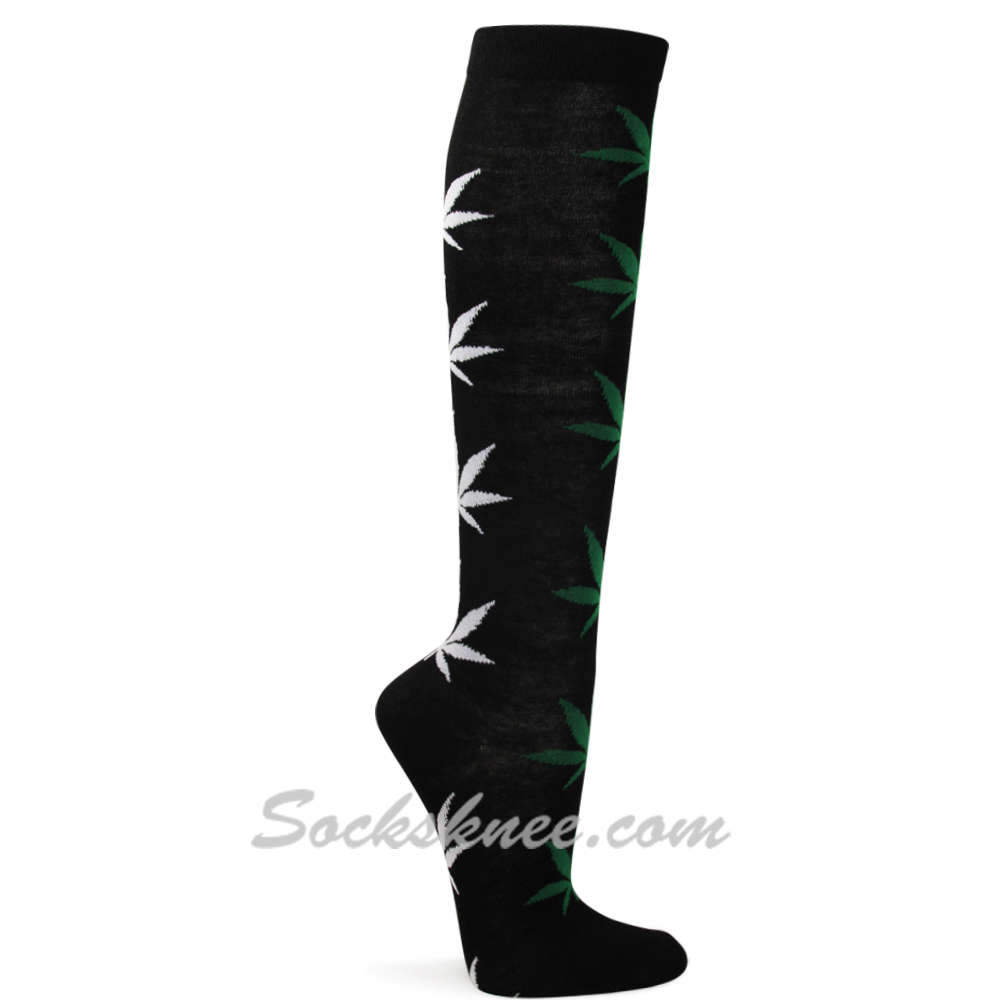 Women's Black Knee High Fashion Socks with White/Green Marijuana Weed Leaves - Click Image to Close