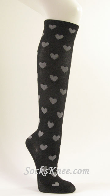 Womens Black knee high socks with Gray hearts - Click Image to Close