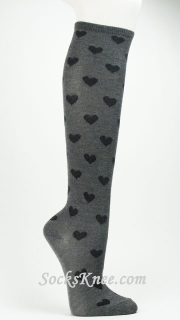 Womens Gray knee high socks with Black hearts - Click Image to Close