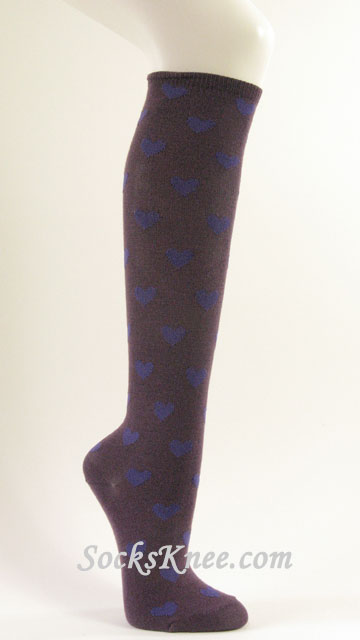 Womens Purple knee high socks with Violet hearts - Click Image to Close