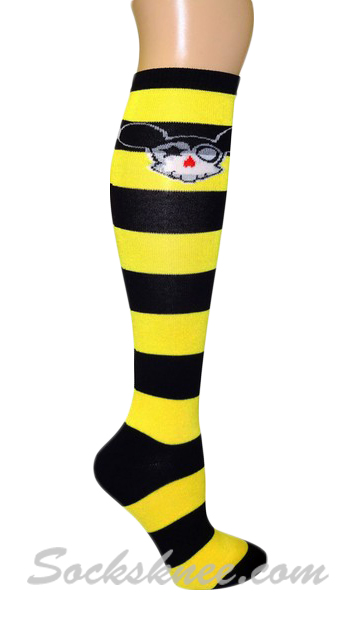 Striped Cute Anime Skull Knee High Socks - Yellow / Black - Click Image to Close