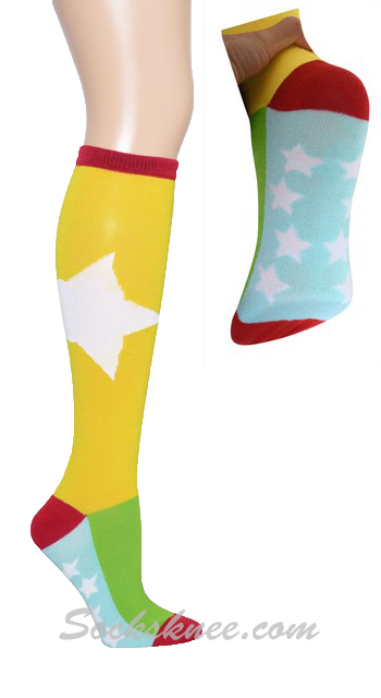 White Bold Star-Mini Stars Yellow Knee High Socks - Click Image to Close