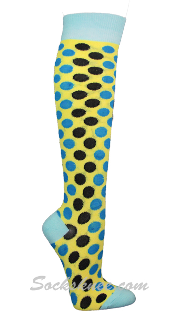 Yellow / Black, Blue Polka Dots Women Knee High Socks - Click Image to Close
