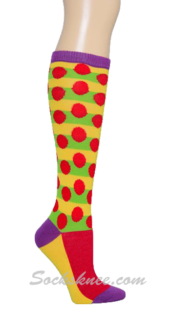 Yellow Lime Green Striped With Dots Women Knee High Socks