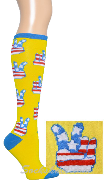 Yellow Peace Hand Sign Women Knee High Socks - Click Image to Close