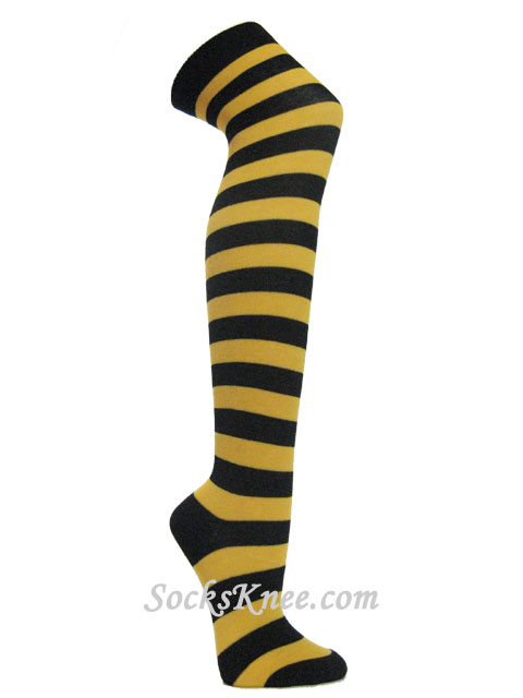 Black and yellow over knee wider striped socks Black and yellow over ...