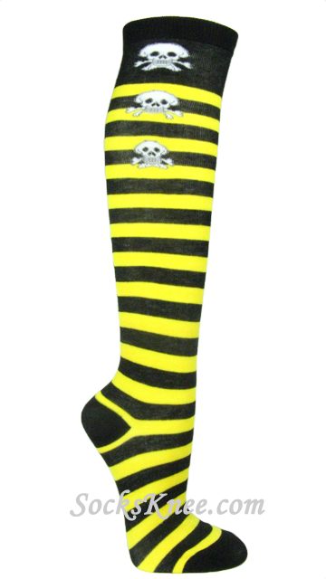 Yellow/Black Stripes High Sock with Skull & Crossbones - Click Image to Close