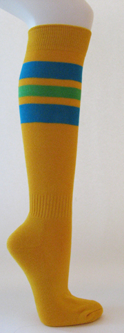 Golden yellow cotton knee socks bright blue green striped - Click Image to Close