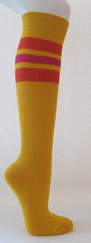Golden yellow cotton knee socks orange hot pink striped - Click Image to Close