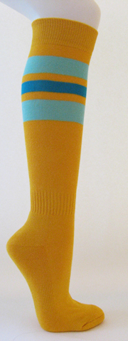Golden yellow cotton knee socks skyblue blue striped - Click Image to Close