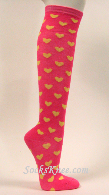 Yellow Hearts on Pink High Knee Socks - Click Image to Close