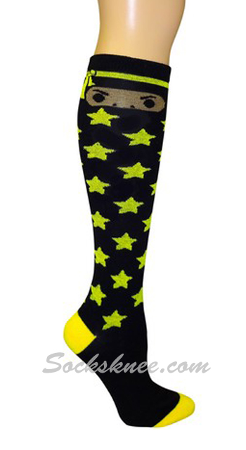 Black Ninja Knee High Socks with Yellow Stars - Click Image to Close