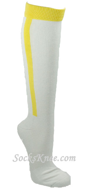 Yellow in white striped mens knee socks for sports - Click Image to Close