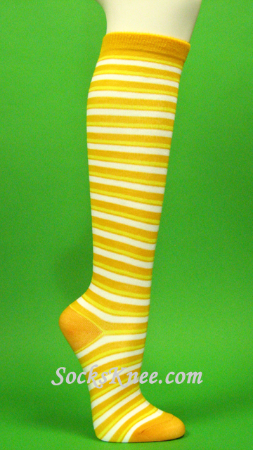Yellow & White Thin Striped Knee Hi Socks for Women - Click Image to Close