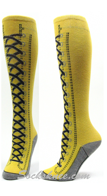 Yellow Lace-up Boots design kids youth high knee socks - Click Image to Close