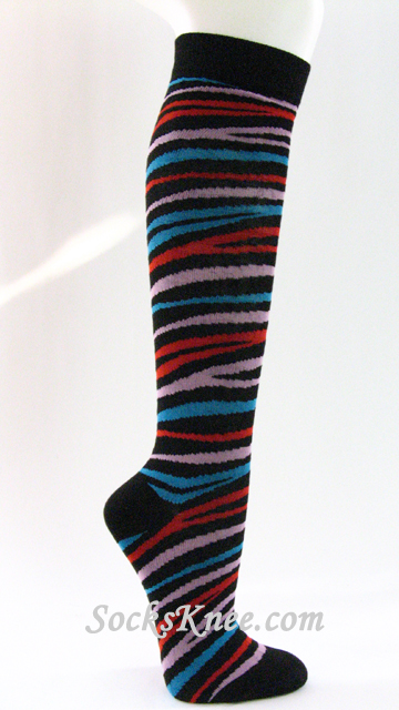 Zebra Striped Black Knee Socks for Women - Click Image to Close
