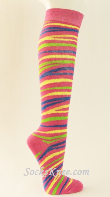 Zebra Striped Pink Knee Socks for Women - Click Image to Close