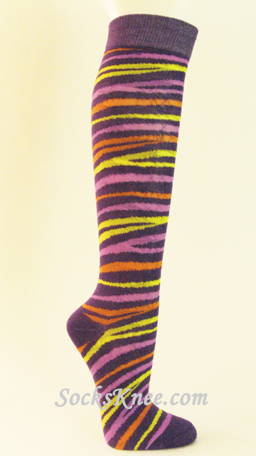 Zebra Striped Purple Knee Socks for Women - Click Image to Close