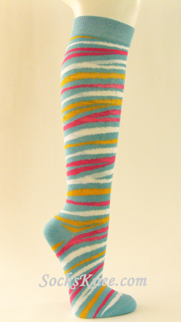Zebra Striped Light Turquoise Knee Socks for Women - Click Image to Close