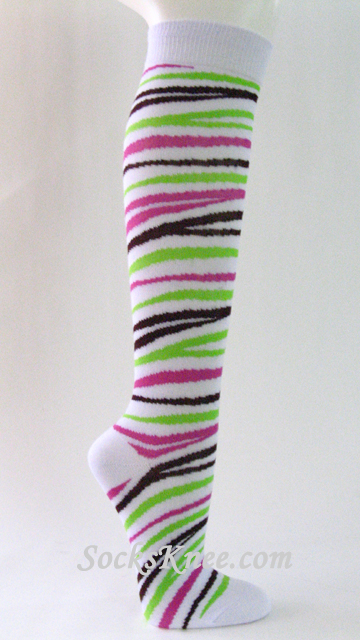 Zebra Striped White Knee Socks for Women
